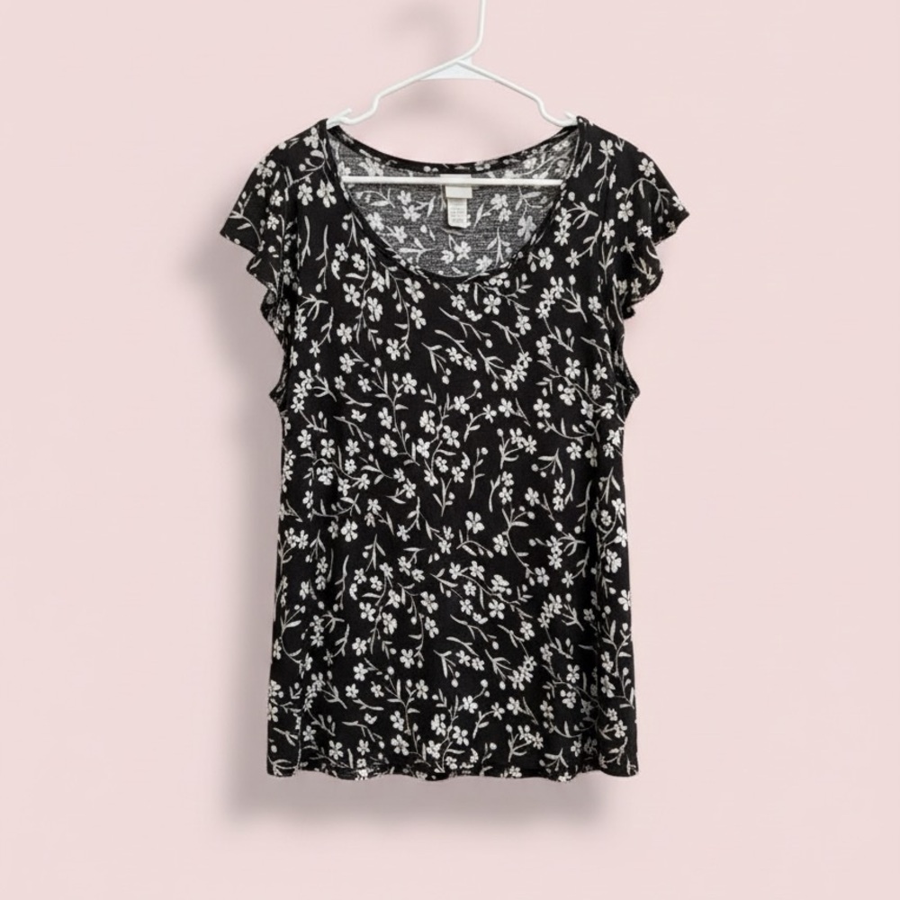 H&M black-and-white floral shirt with flutter sleeves